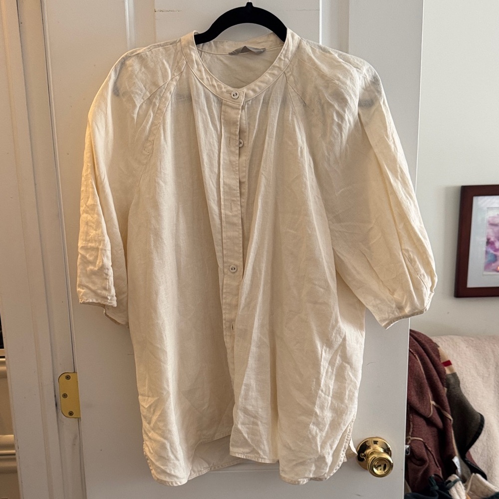 Everlane Cream Button-Front Puff Sleeve Blouse